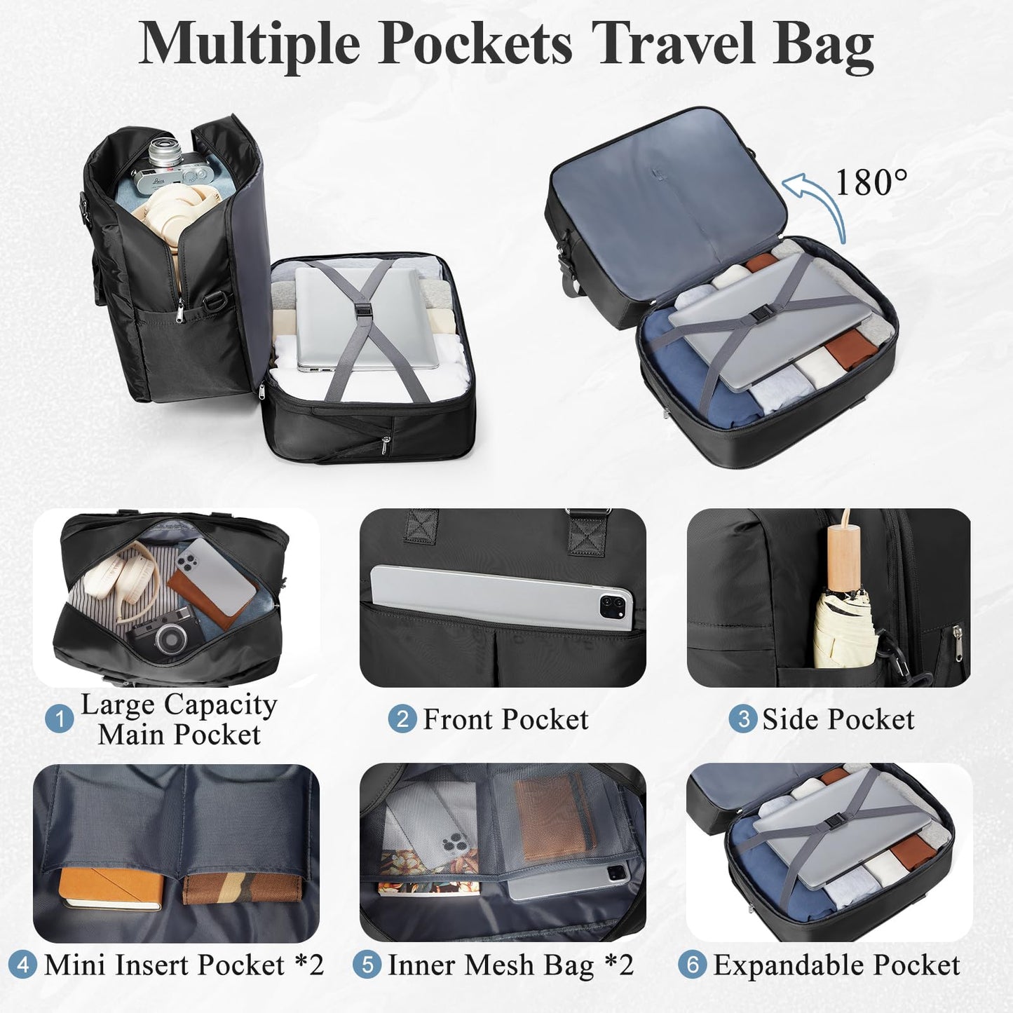 Expandable Personal Item Travel Duffle Bag Weekender Bag for Women Men, Overnight Hospital Carry On Bag with Toiletry Bag for Airplanes Travel Business Trips Sport,Black