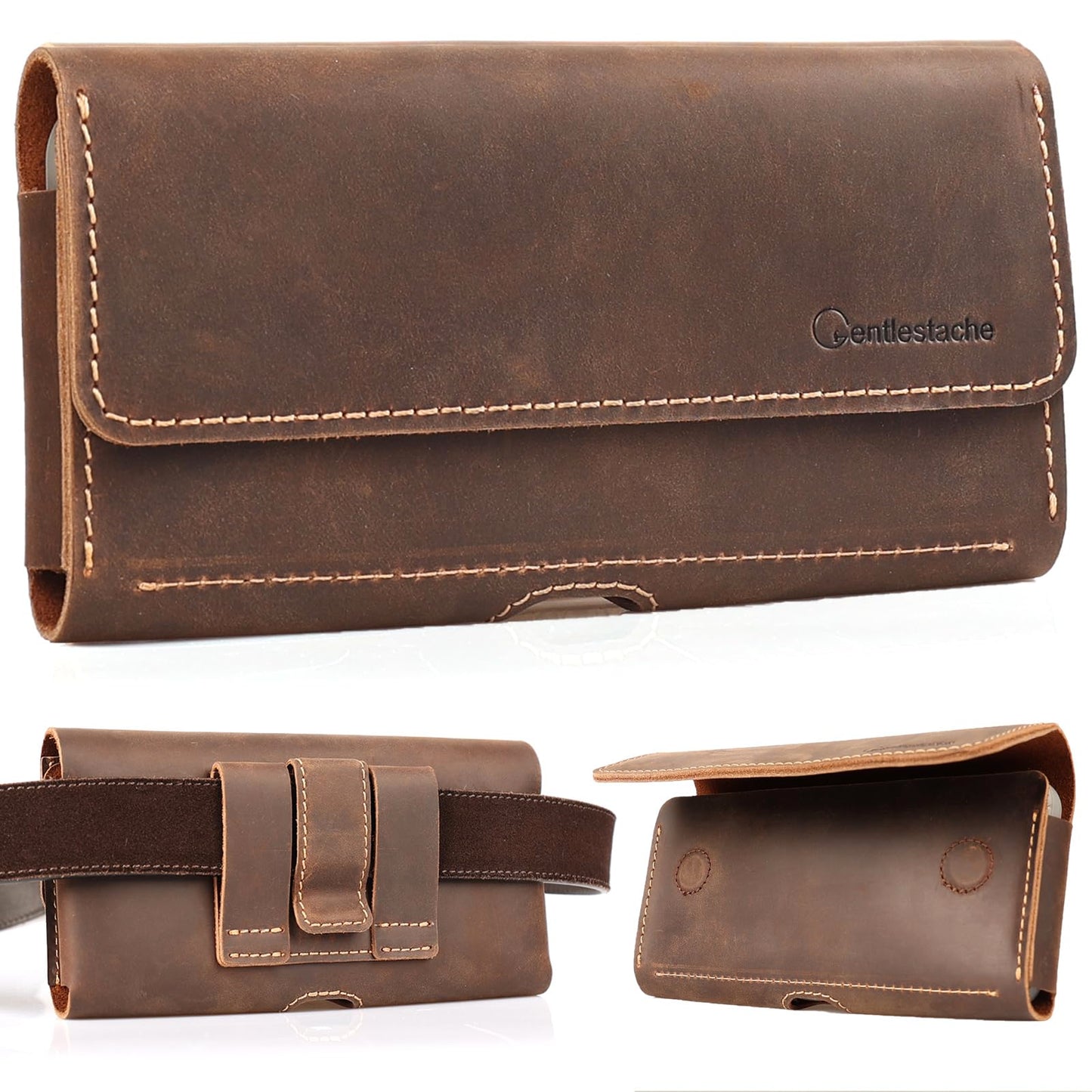 Gentlestache Leather Phone Holster for iPhone 15 Pro Max & Galaxy S24 Ultra - Two Pocket Phone Pouch with Thick Case, Dark Brown