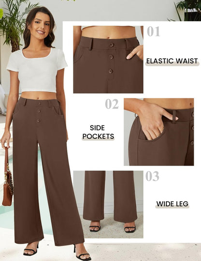 FireSwan Wide Leg Pants Woman Palazzo Casual Slacks High Waisted Trousers Loose Business Work Dress Office Pockets Brown