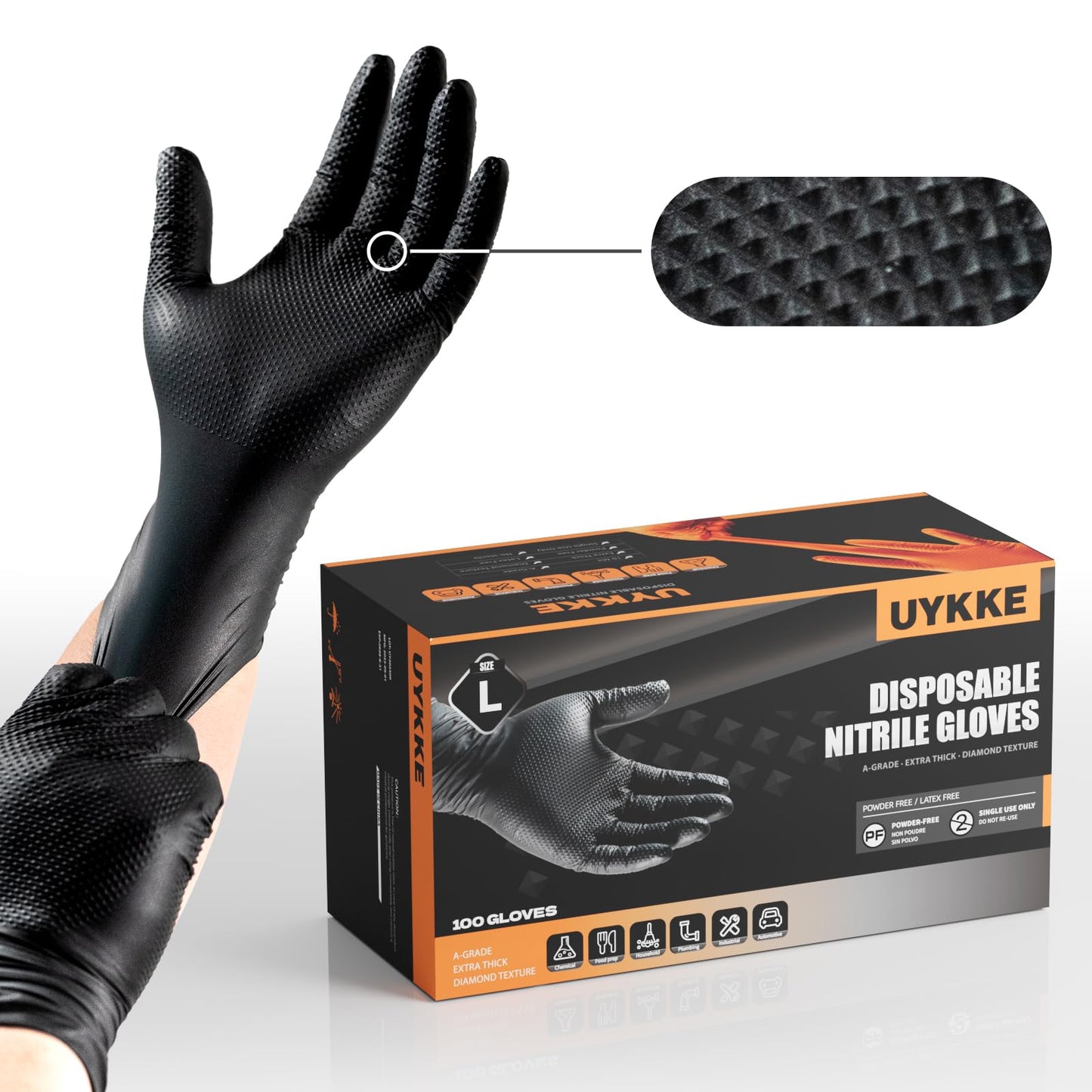 UYKKE 10mil Nitrile Gloves Thick,Industrial Disposable Gloves with Diamond Textured,Heavy Duty Mechanic Glove,Latex Free (100, Large)