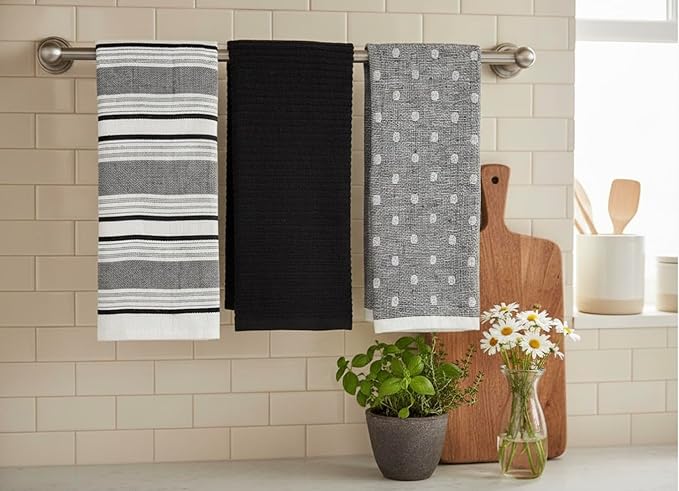 Black White Kitchen Hand Dish Towels: Oversized 28" x 16", 100% Cotton Cloth