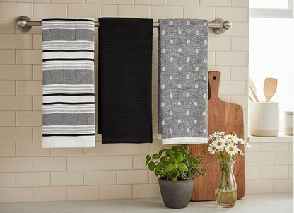 Black White Kitchen Hand Dish Towels: Oversized 28" x 16", 100% Cotton Cloth