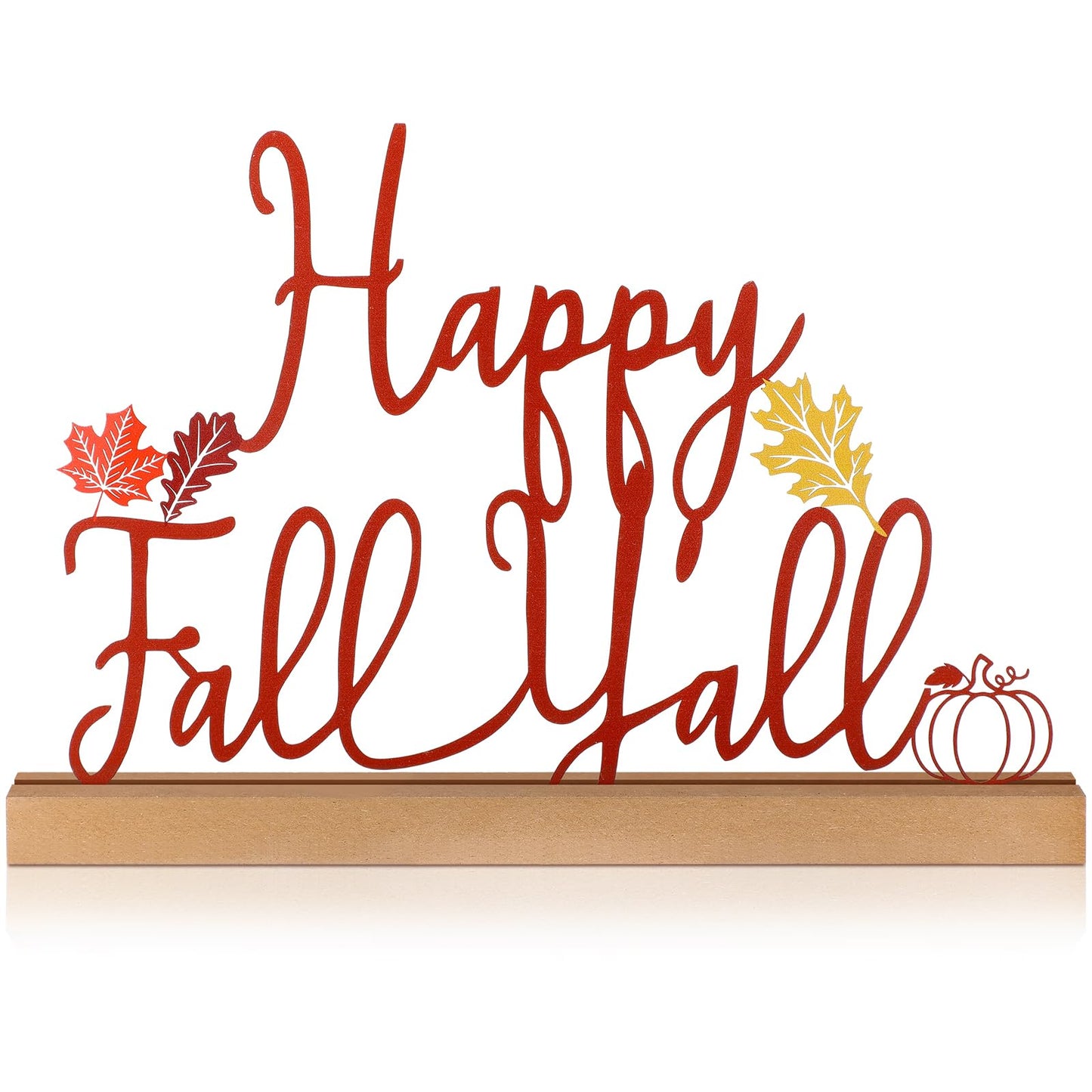 Yaocom 13.78 Inch Thanksgiving Fall Table Sign Happy Fall Y'all Metal Letter Decor Autumn Freestanding Tabletop Decoration with Wood Base Cutout Word Sign for Home Centerpiece Mantel Shelf Fireplace