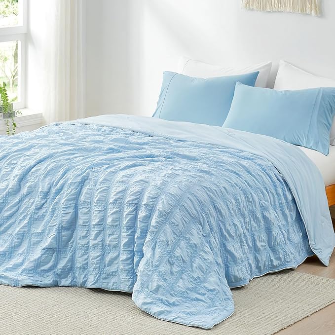 Cozy Bliss Cooling Comforter Queen Size Seersucker Plaid, Q-Max 0.4 Reversible Lightweight Cooling Blanket, Breathable Silk Smooth Summer Bedding Quilt for Hot Sleepers Night Sweats Blue