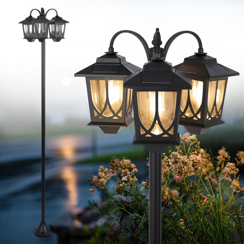 SAKSIAPRO 3-Head Solar Lamp Post Light, 73" Solar Lights Outdoor Waterproof, 60Lm 3000K Pathway Lights for Garden, Lawn, Yard