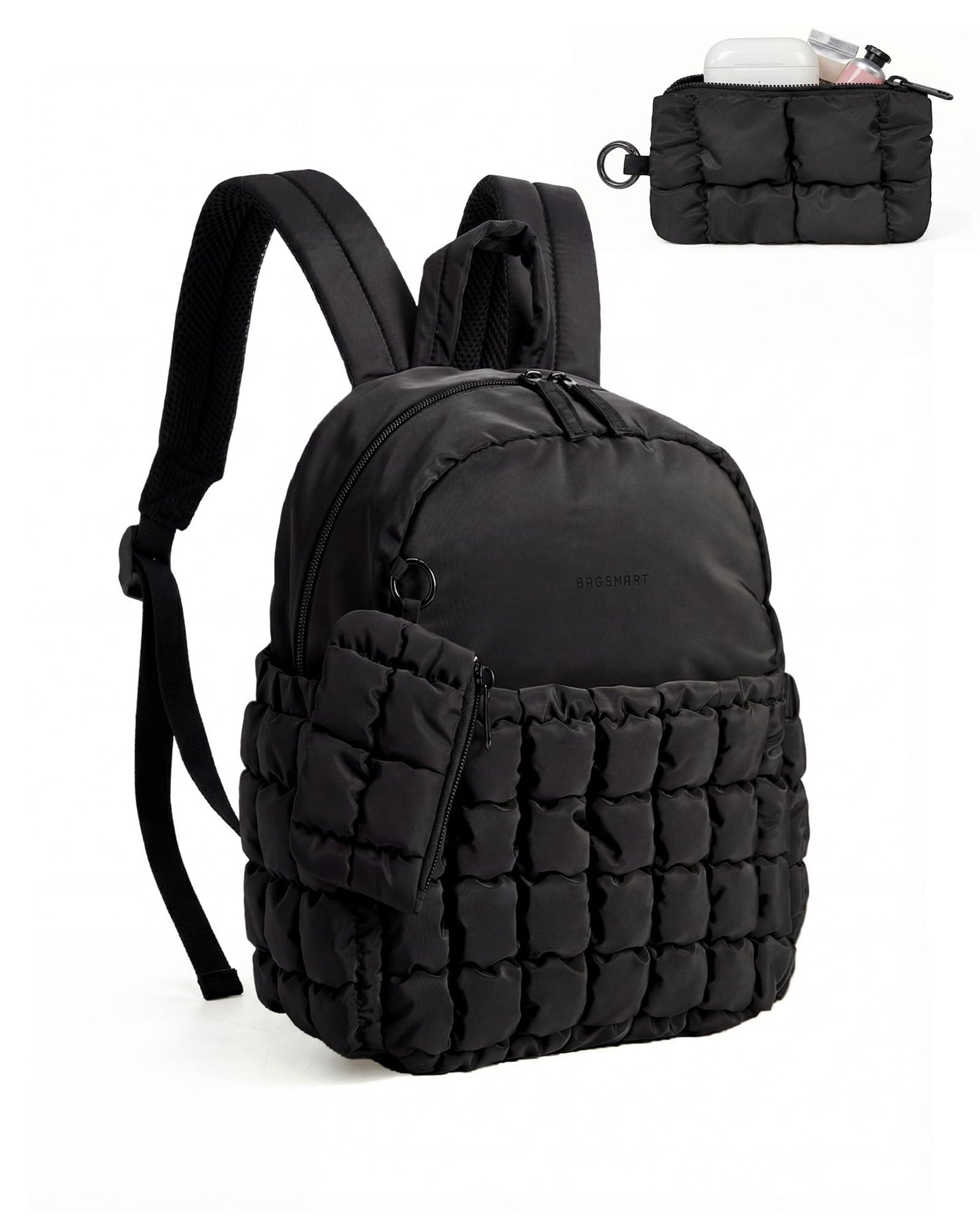 BAGSMART Mini Backpacks for Women, Puffy Checkered Quilted Small Backpack with Pouch, Lightweight Daypack Purse, Water-Resistant Bookbag for Daily Travel College, 2-in-1 Set, Black
