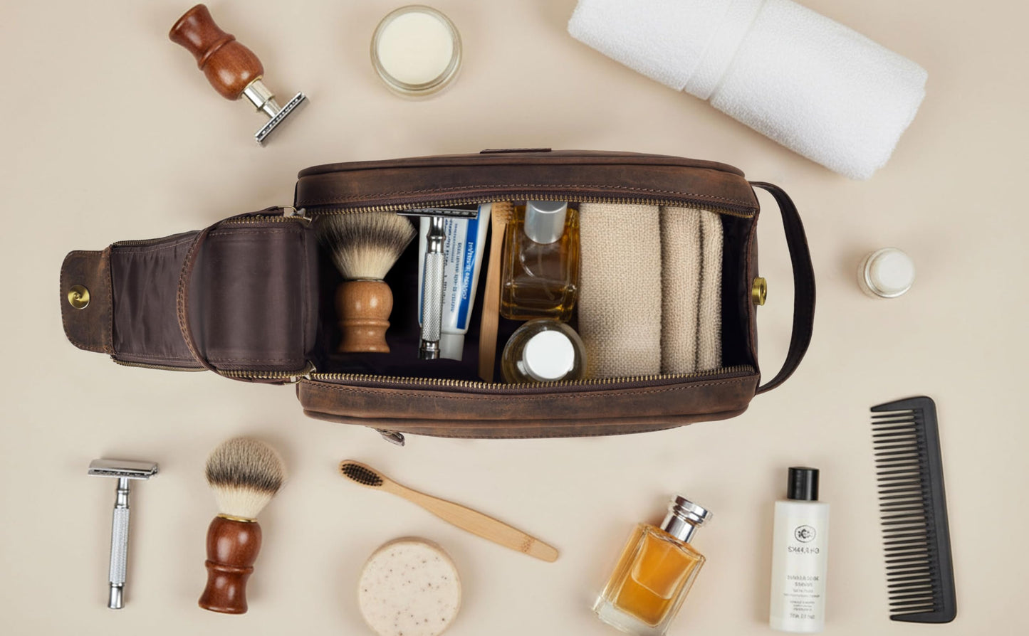 mds Genuine Leather Toiletry Bag for Men - Rustic Classic Vintage Handcrafted Full-Grain Leather Travel Dopp Kit with Waterproof Lining & Handle, Shaving & Grooming Kit Organizer Pouch - Rustic Brown