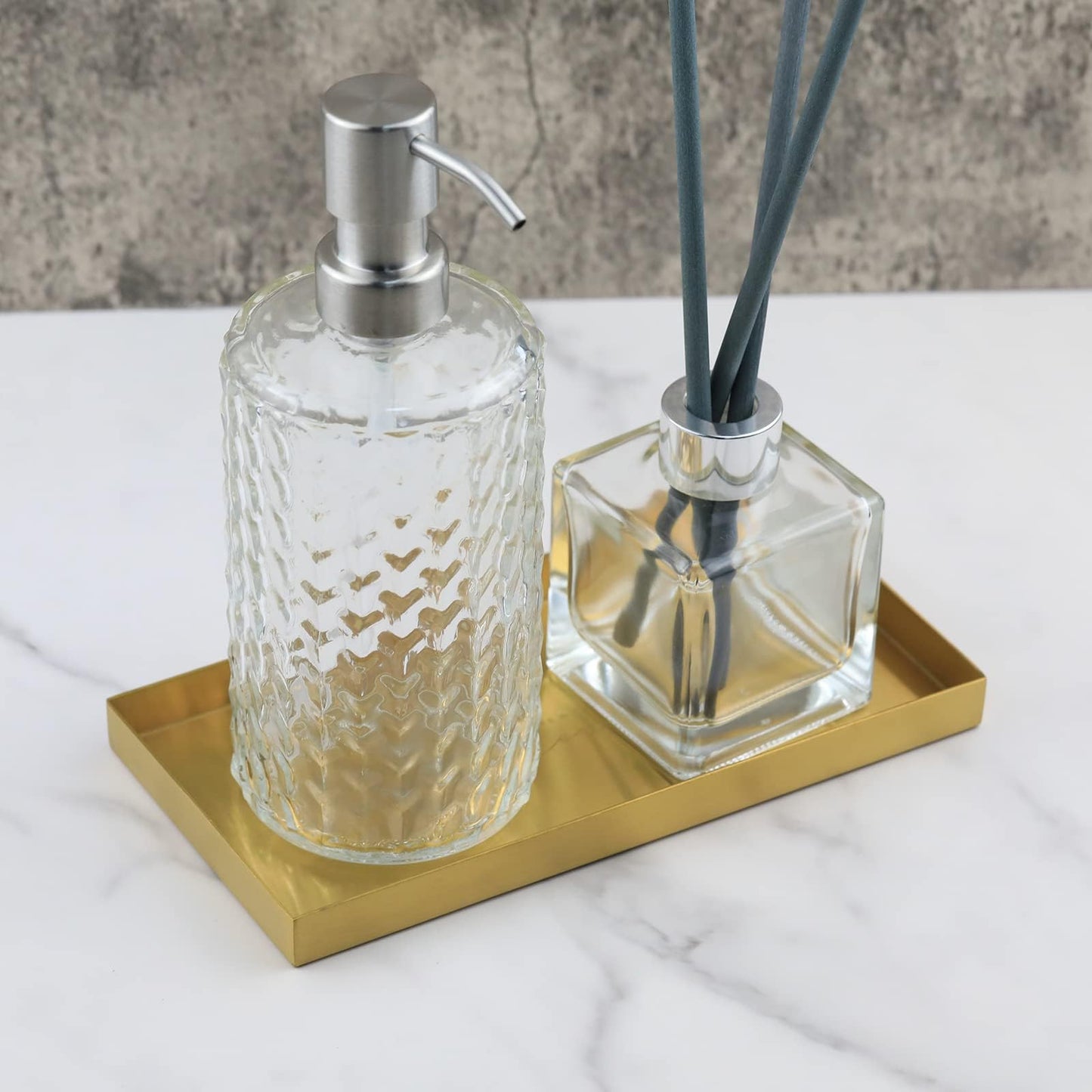 Freelove Sanding Gold Metal Vanity Tray Lettering, Perfume Organizer Jewelry Holder Makeup Dish Catchall Candle Plate Decorative for Dresser Counter Bathroom Desk Home Preppy Room Decor, 4''X8''