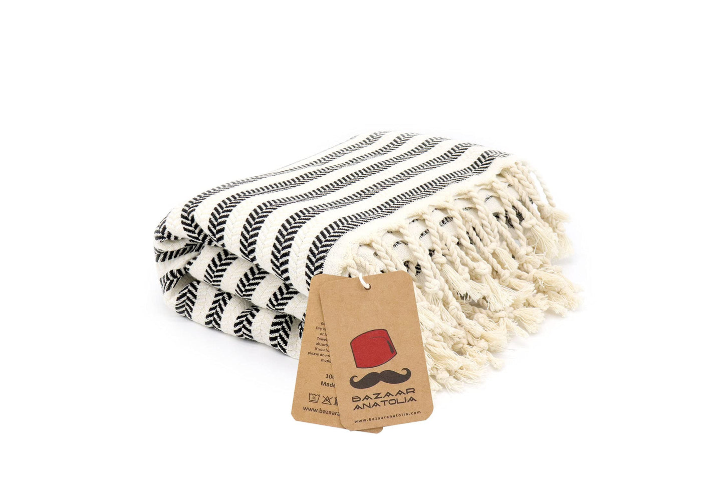 Bazaar Anatolia Turkish Beach Towel – 100% Cotton, Quick Dry, Sand Free Boho Farmhouse Style for Bathroom, Travel, Camping – Oversized 71x39 Inches – Arpa Black