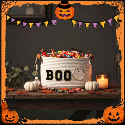 Acellegic Halloween Woven Rope Basket 13 x 8.7 x 7.9 Inch BOO Ghost Decorative Storage Basket with Ghost Pendant Halloween Candy Bowl Trick or Treat Bucket Party Favors for Home Nursery Organizer