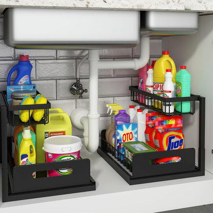 REALINN Under Sink Organizer, Pull Out Cabinet Organizer 2 Tier Slide Out Sink Shelf Cabinet Storage Shelves, Storage for Kitchen Bathroom, White, 2 Pack