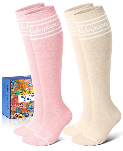 Lalapapa Cotton Compression Socks for Women - 15-20mmHg Cushioned Sole, Soft Breathable for Pregnancy Travel Nurse, Pink and Beige, S/M
