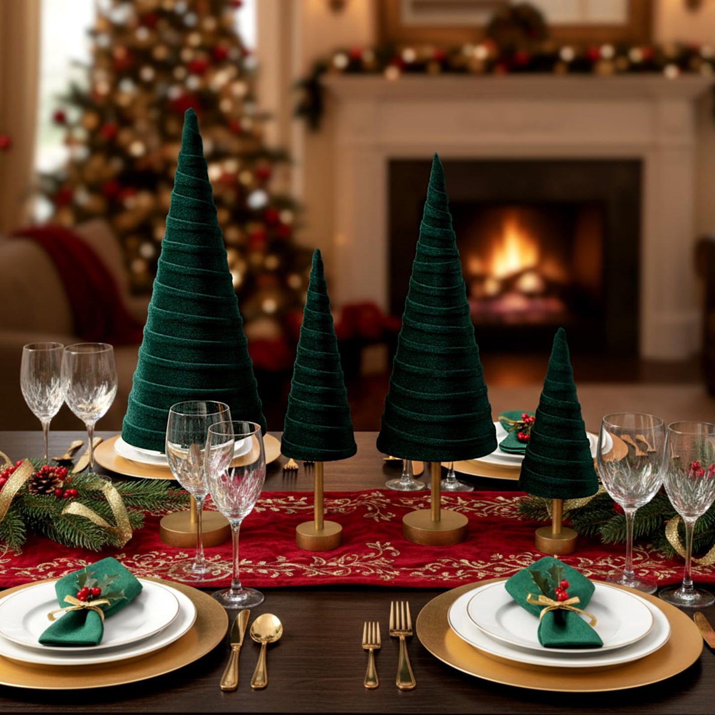 Hoolerry 4 Pcs Christmas Velvet Trees with Gold Pedestal Modern Rustic Christmas Velvet Cone Trees Minimalist for Mantel Table Centerpiece Entryway Home Winter Holiday Wedding Decor (Green)