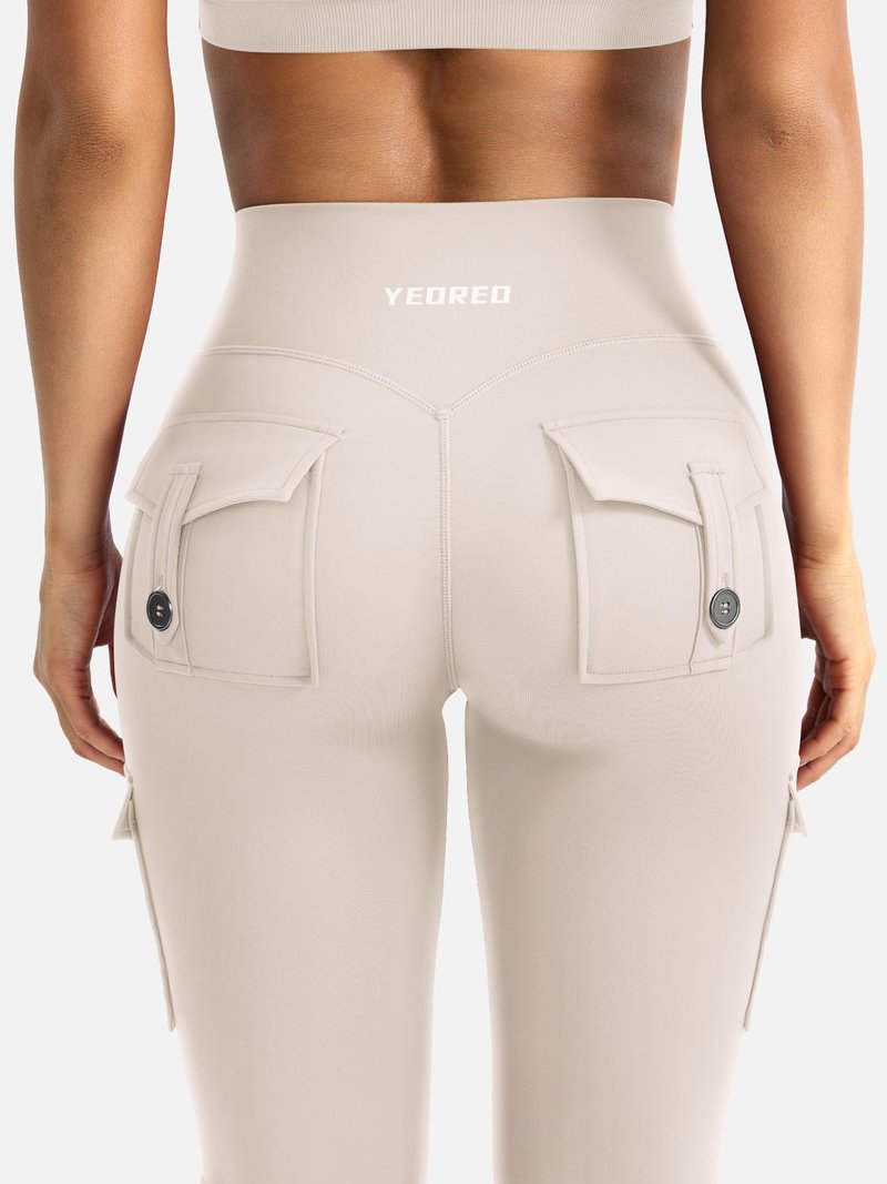 YEOREO CoreFlex Women Workout Flare Leggings with Pockets Hidden Scrunch High Waisted Cargo Gym Yoga Leggings Light Khaki M