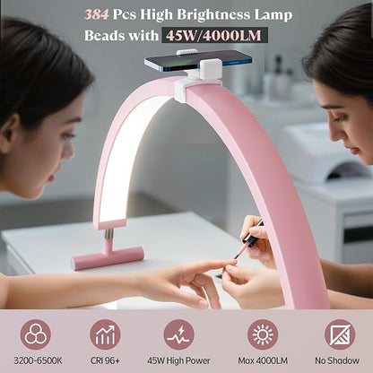 Nail Light for Desk, 30'' LED Half Moon Lamp for Nail Techs, Manicure and Handicraft, Adjustable Color Modes and Brightness, with Phone Holder (Pink)