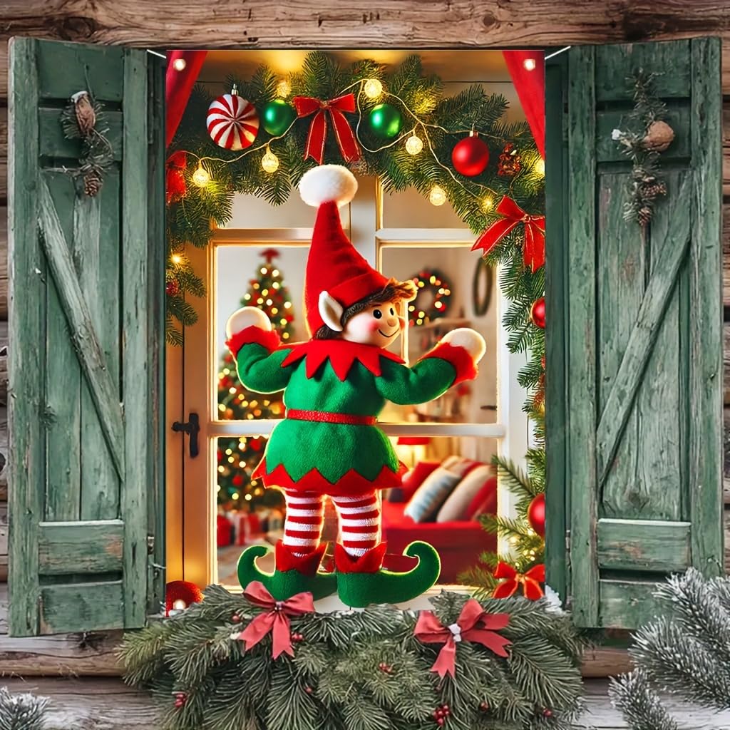 Tomhong Christmas Elf Window Banner 31x47 Inch Holiday Decoration Snowy Scene with Garland and Lights for Indoor Outdoor Home Wall or Window Display Cozy Christmas Decor