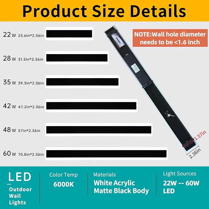 Mikeru 2Pack 39.3inch Long Led Wall Light, 6000k Cool White Modern Outdoor Wall Light Ip65 Waterproof Black Acrylic Porch Exterior Lighting Fixtures, Exterior Wall Mount Lights