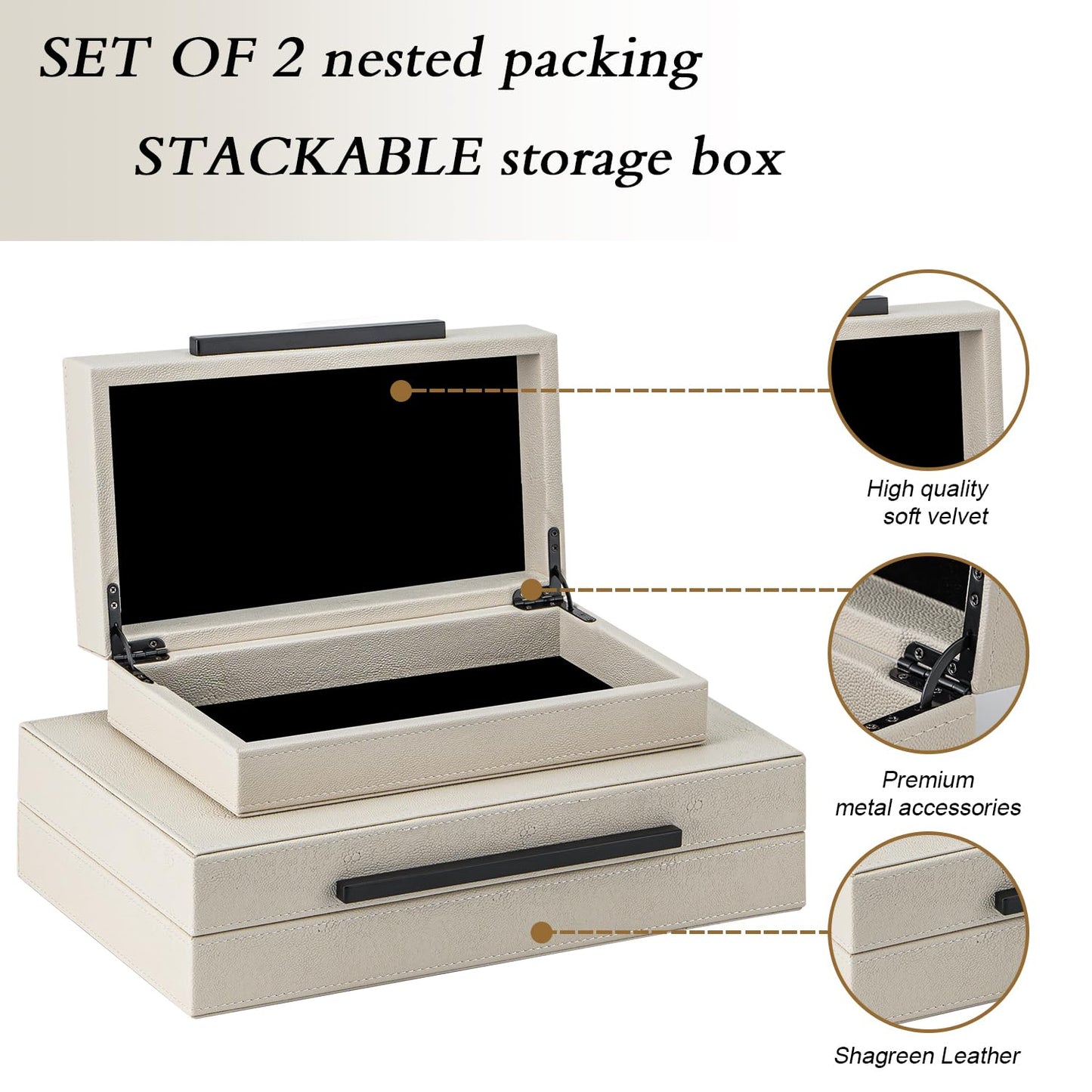 Set of 2 Beige Shagreen Decorative Storage Boxes with Black Metal Handles – Faux Leather Jewelry & Memory Boxes, Nesting Photo Organizers for Home Decor