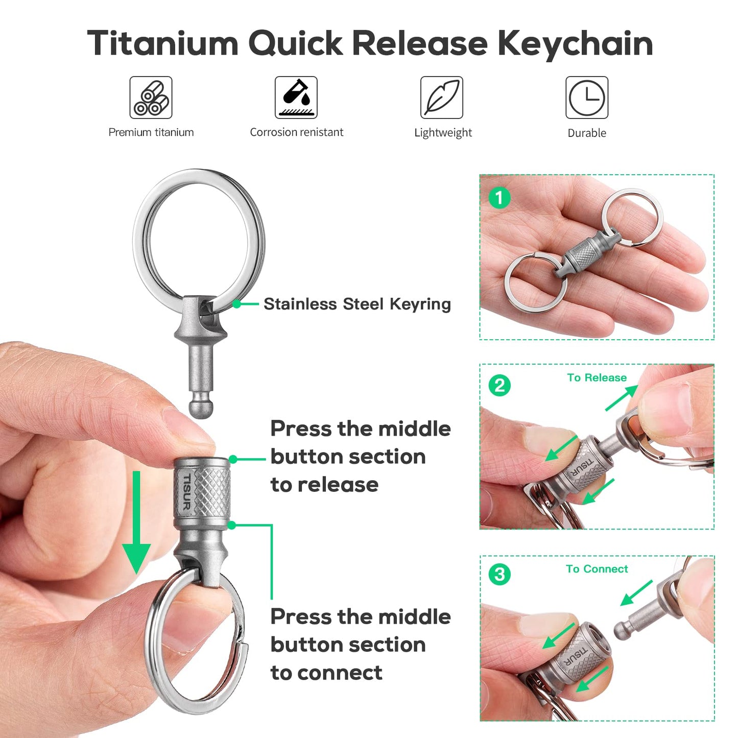 TISUR Titanium Quick Release Keychain, Retractable Key Chain Detachable Keychain Clip，Pull Apart Key Rings Holder for Men Women
