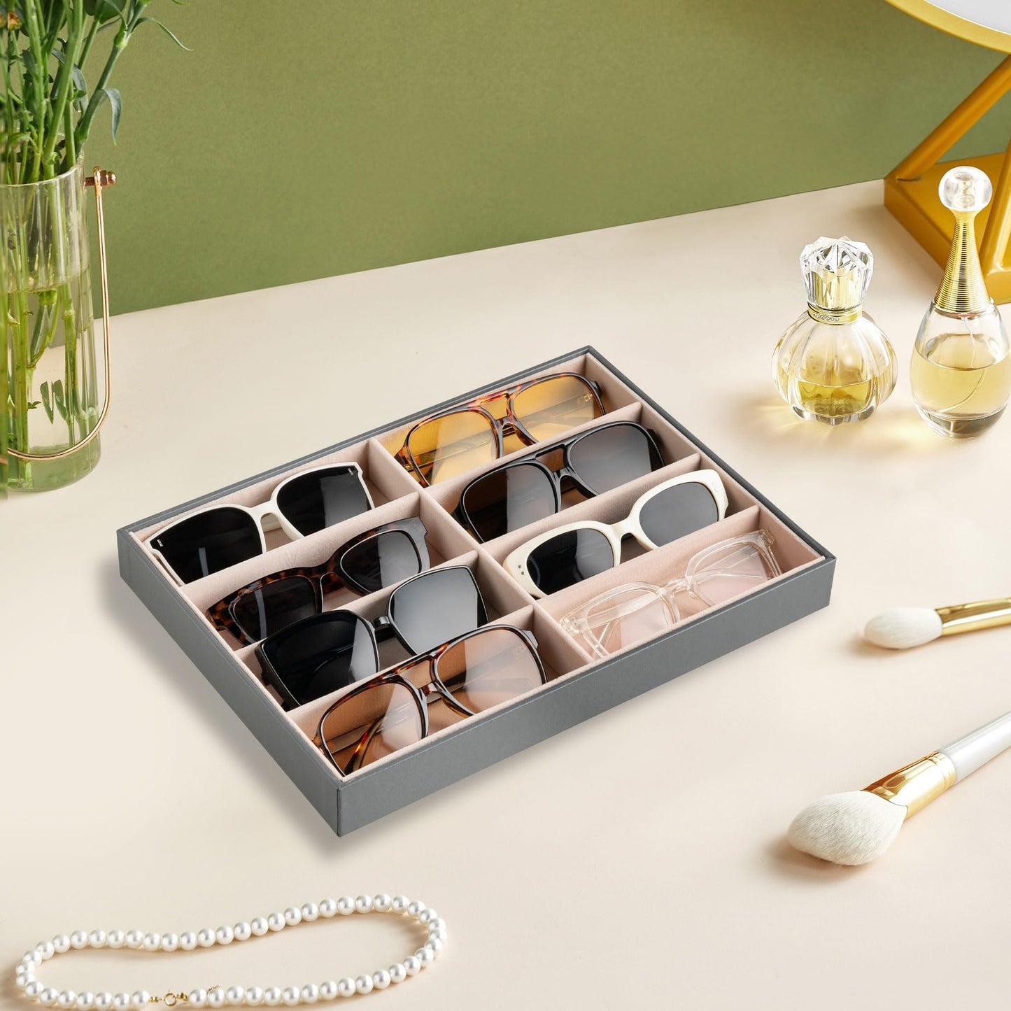 Frebeauty Sunglass Organizer,PU Leather Glasses Organizer,8-Slot Sunglasses Tray,Men's/Women's Sunglasses Box,Sunglass Case,13.3 x 9.6 x 1.5 Inches,Eyeglass/Eyewear Display Tray(Grey)