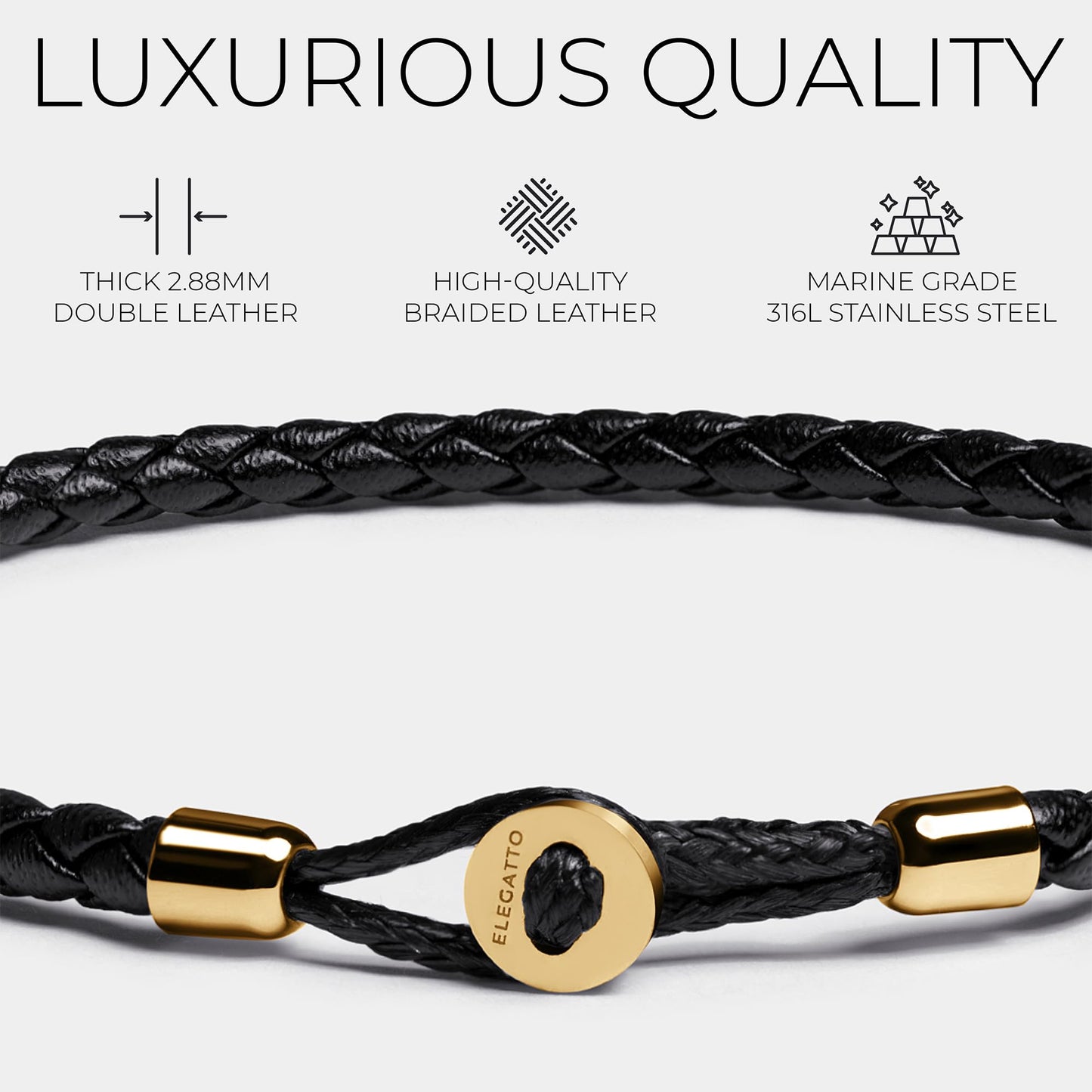 Elegatto Uno Premium Braided Leather Bracelet for Men | Full-Grain Leather with 18k Gold-Plated Stainless Steel Closure | Men’s Designer Bracelets | Gold Extra Large