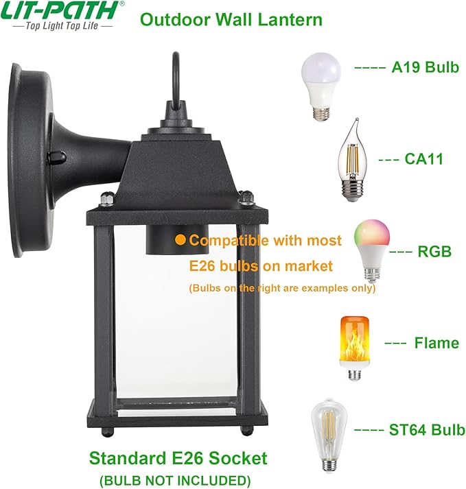 LIT-PaTH Outdoor Wall Lantern, Wall Sconce as Porch Lighting Fixture, E26 Base, Aluminum Housing Plus Glass, Water-Proof and Outdoor Rated, ETL Qualified, 2-Pack, Black