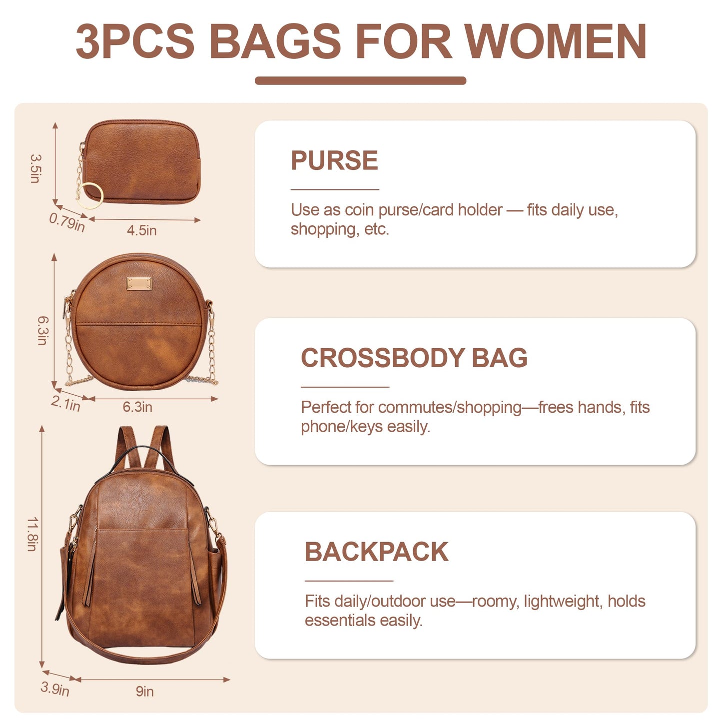 CTTOVIS Small Backpack for Women Designer Leather Mini Backpack Purse Ladies Fashion Roomy Shoulder Handbag (Caramel-3)