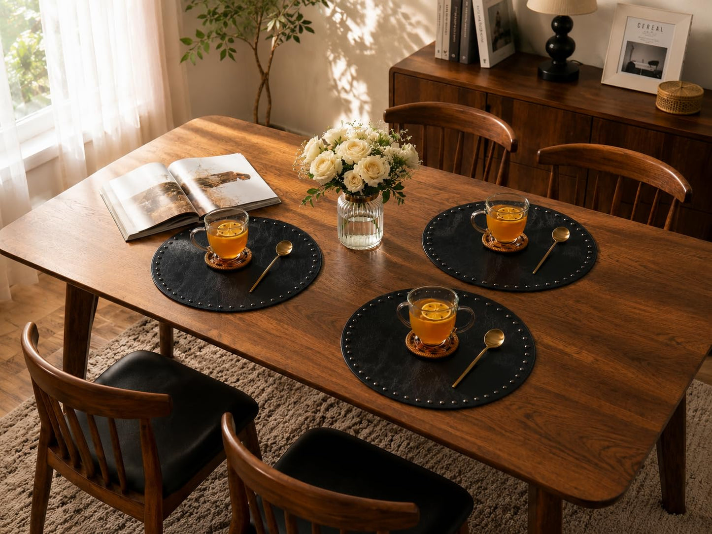 FAVE Black Faux Leather Placemats 13.78Inches Round Placemat Set of 2 Heat Resistant Place Mats for Kitchen Table Wipeable Fall Placemats Table Mats with Rivets High Texture Placemat (Black)