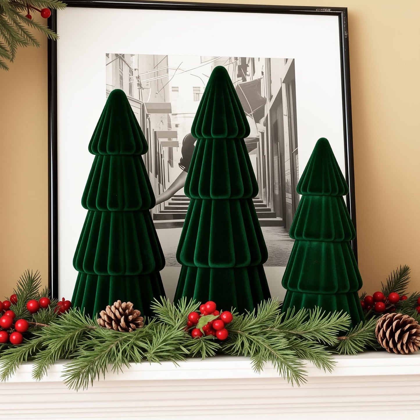 Joyhalo Tabletop Christmas Trees, Set of 3 Velvet Christmas Trees Indoor Xmas Decoration Centerpieces for Table, Mantel, Holiday, Party and Home Decor, Green