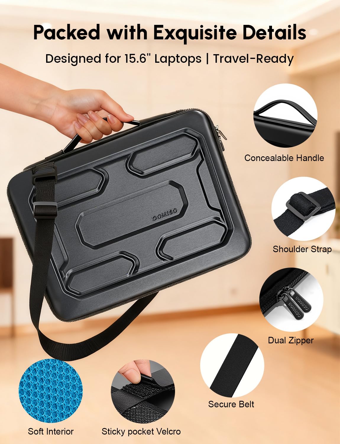 DOMISO 15.6 inch Laptop Sleeve Shoulder Bag Shockproof Computer Bag Waterproof EVA Protective Carrying Case for 15.6" Lenovo Yoga 720 IdeaPad 310 320 ThinkPad T570/Dell Inspiron 15/HP Envy 15, Black