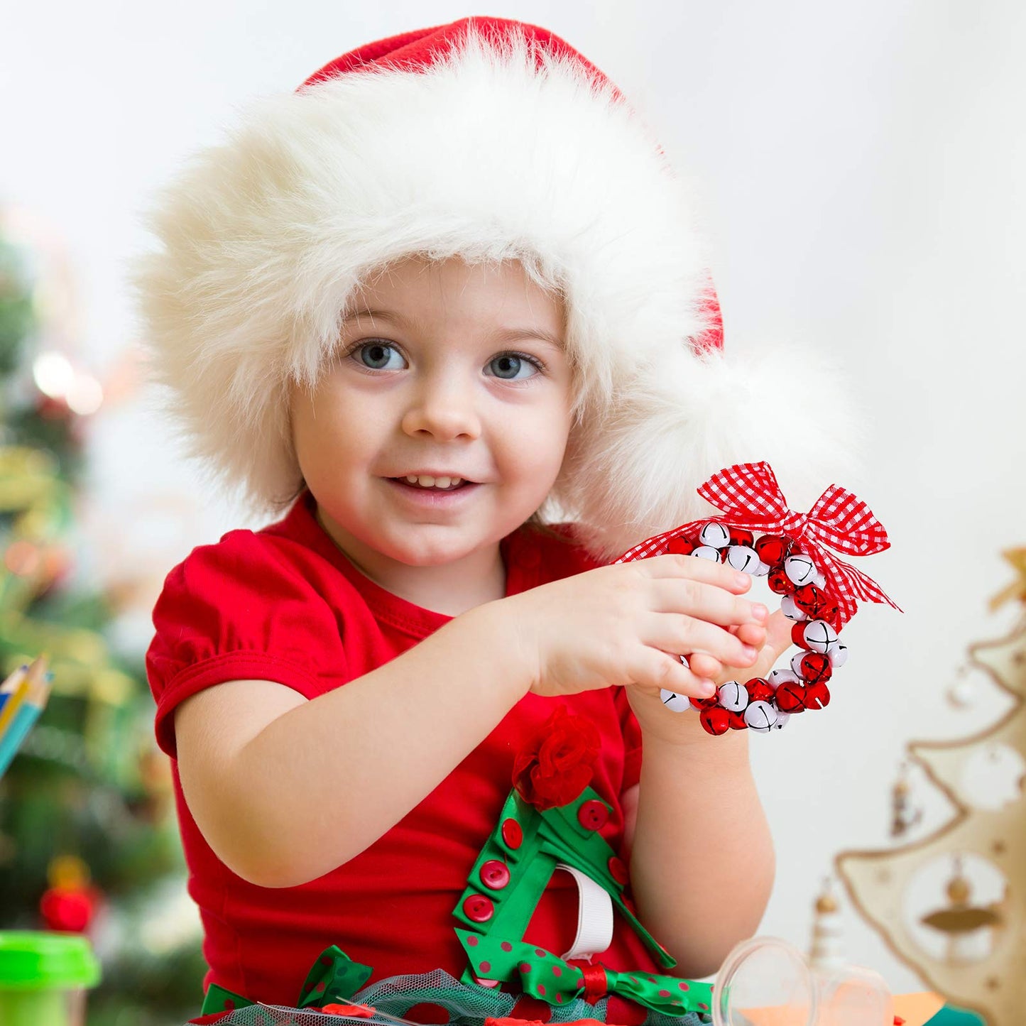 14 Sets Wreath Tree Ornaments Craft Kit with Ribbons, Bows and Bells Assortment for Kids Holiday Winter Bracelets and Necklaces
