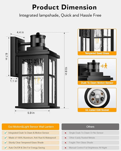 VIANIS Motion Sensor Porch Lights Outdoor, 2 Pack Black Exterior Lighting Fixtures for House, Waterproof Outdoor Wall Sconce Wall Mount, Modern Outside Wall Lantern with Dusk to Dawn for Garage, Patio