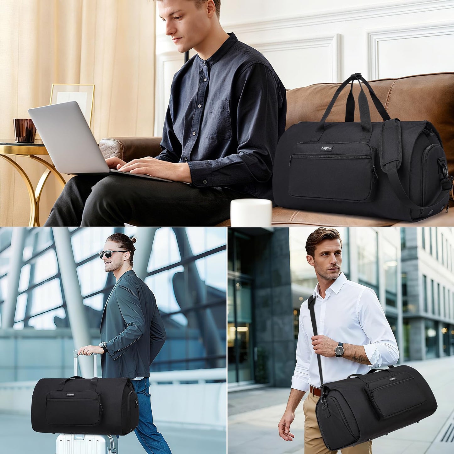 Convertible Duffle Bags for Men, Garment Bag for Travel, Carry on Garment Duffel Bag with Shoe Compartment, 2 in 1 Hanging Dress Suitcase Suit Travel Bags, Black