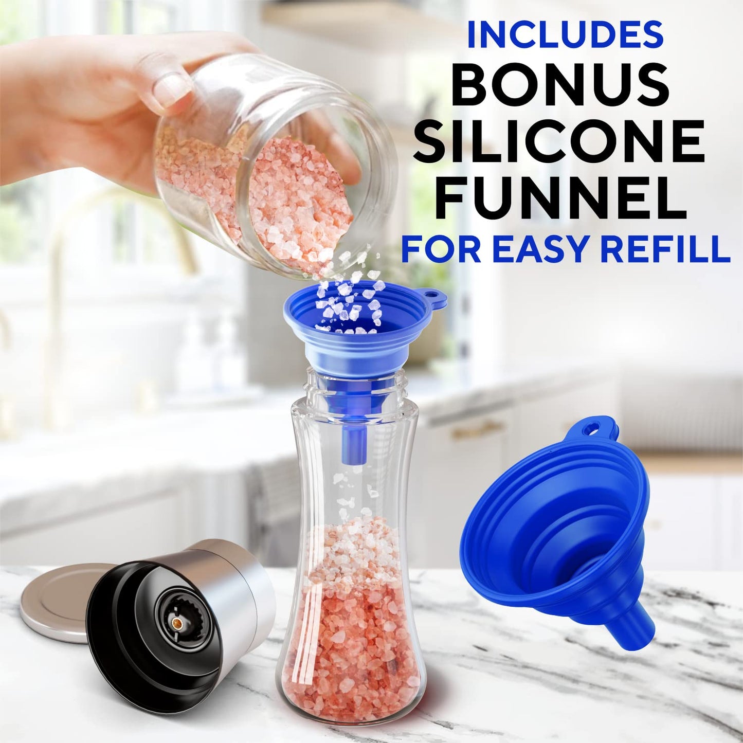 Premium Salt and Pepper Grinder Set of 2 - Two Refillable Stainless Steel Sea Salt & Spice Shakers with Adjustable Coarse Mills - Easy Clean Ceramic Grinders w/BONUS Silicone Funnel & Cleaning Brush