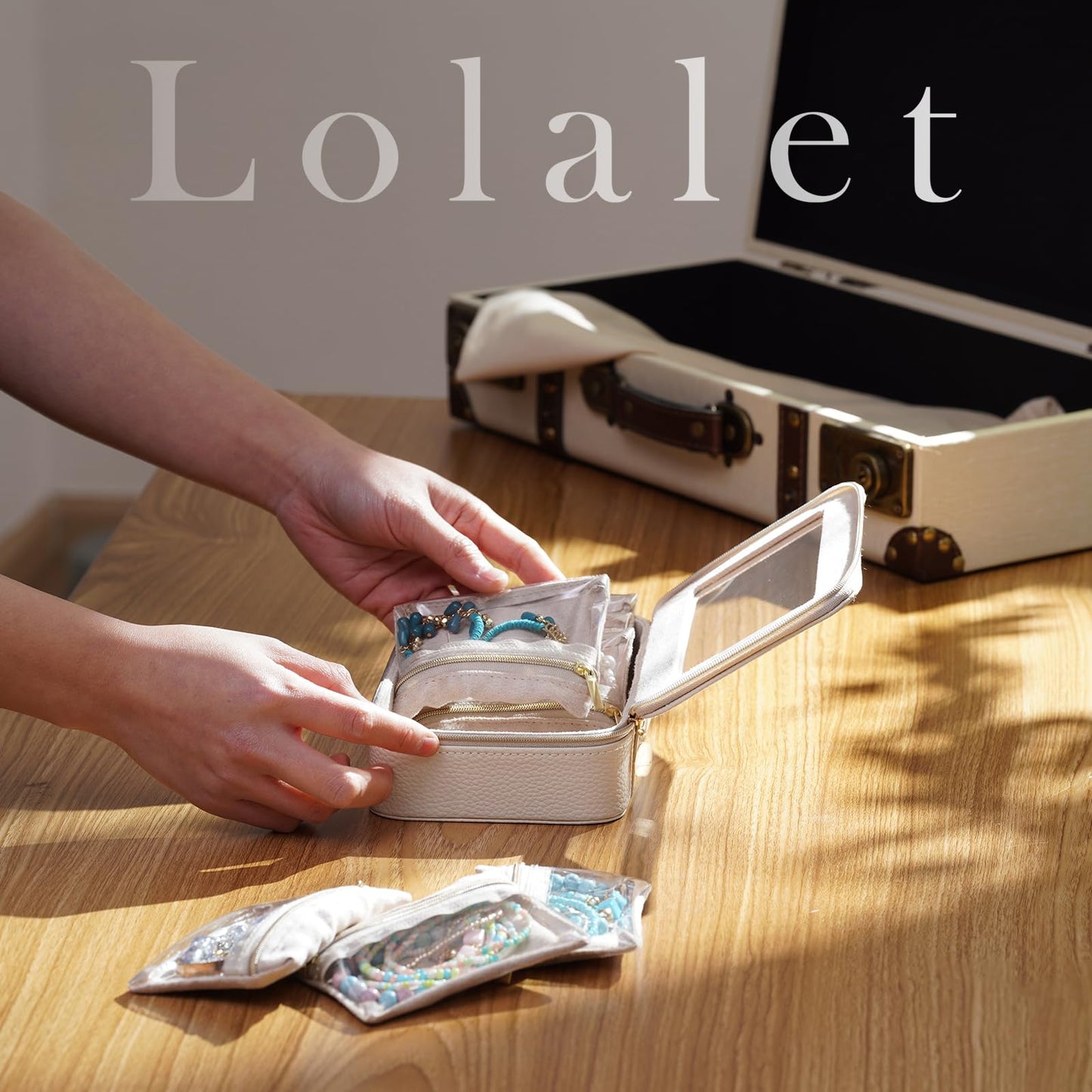 Lolalet 8 in 1 Travel Jewelry Case with Velvet Pouches, Clear Window Travel Jewelry Organizer Bags for Earrings, Bracelets, Necklaces and Rings, Compact Jewelry Storage for Women Girls -Beige, 7PCS
