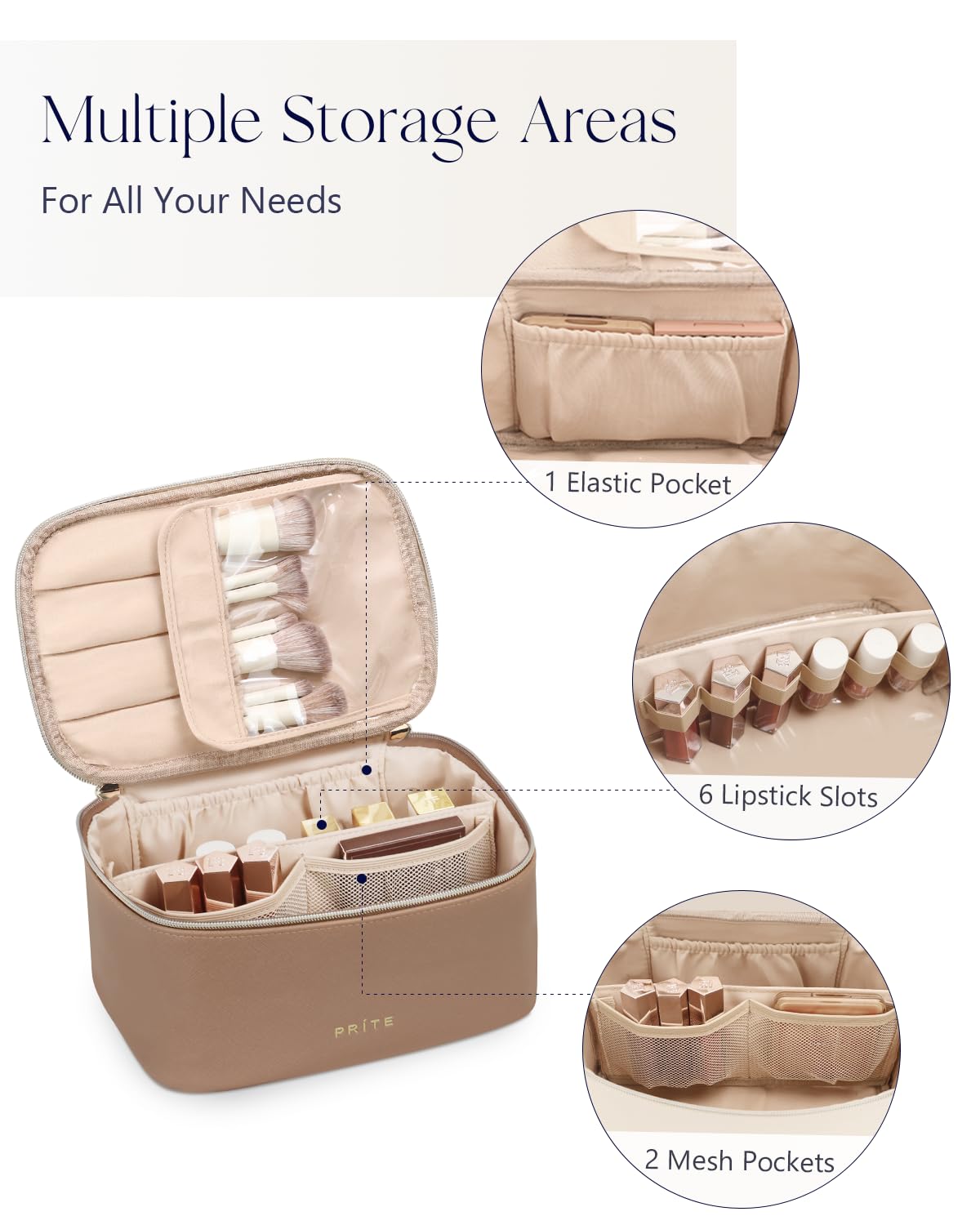 Prite Makeup Bag, Large Capacity Cosmetic Bag for Women and Girls, Waterproof PU Leather Travel Makeup Case, Toiletry Organizer with Handle and Divider for Skincare and Brushes - Brown