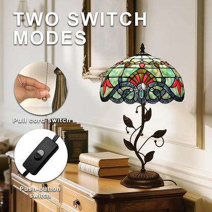 Tiffany Style Table Lamp Handmade Stained Glass Bedside Lamp 12x12x20 inch Metal Leaf Base,Art Glass Lamp for Living Room, Bedroom, Office Decor(Baroque)