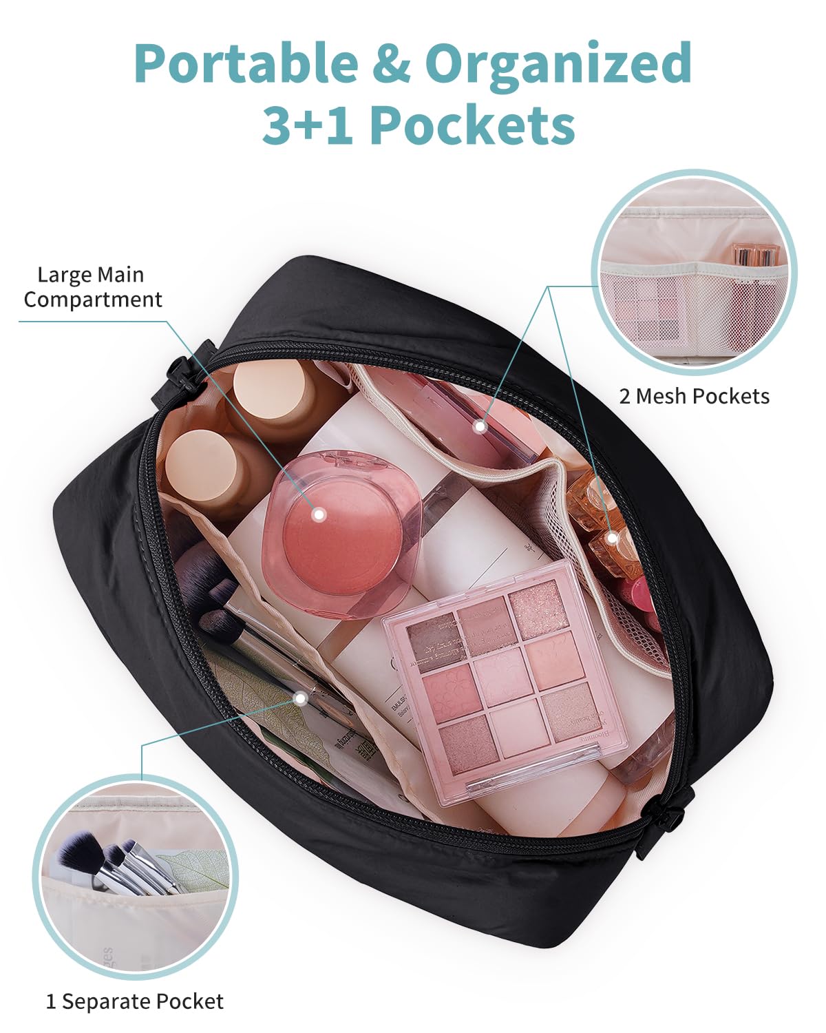 Narwey Puffer Makeup Bag for Women Girl, Quilted Travel Cosmetic Bag Puffy Make Up Bag Organizer, Cute Travel Toiletry Bag for Toiletries (Black)