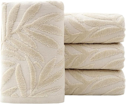 Pidada Hand Towels Set of 4 Leaf Pattern 100% Cotton Absorbent Soft Decorative