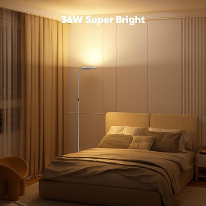 36W LED Floor Lamp, Super Bright Standing Lamp, Modern Stepless Dimmable Torchiere Tall Lamp with Remote Control, 350°Rotating Head Reading Floor Lamp for Living Room, Bedroom - Silvery Grey