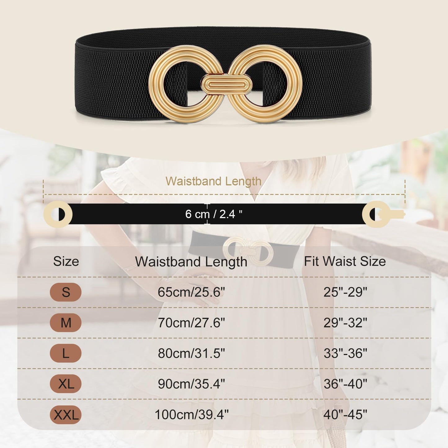 WHIPPY Women Wide Elastic Waist Belt Fashion Hollow Out Round Gold Buckle Stretchy Belt Waistband for Ladies, Black, XL