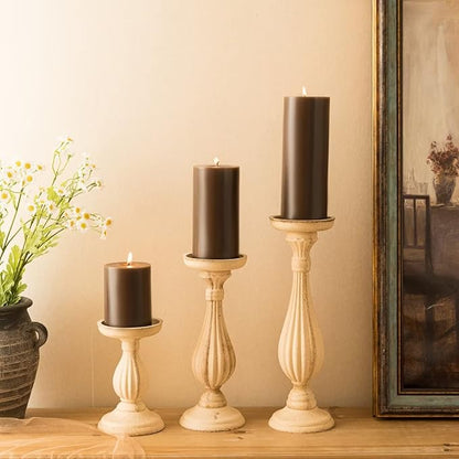 MOZEAL 3" x 6" Hand-Poured Unscented Candle,Dripless Pillar Candle Set of 3,Long Lasting Burning,Approx 120 Hours Burn Time,Rustic Country Style,for Wedding,Dinner,Christmas and Home Decor,Brown