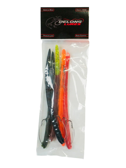 DeLong Lures 10" Pre-Rigged Weedless Swim Bait – Twister Tail Soft Plastic Bass Fishing Lure, Motor Oil, Durable Freshwater Bait, 5-Pack, Made in USA