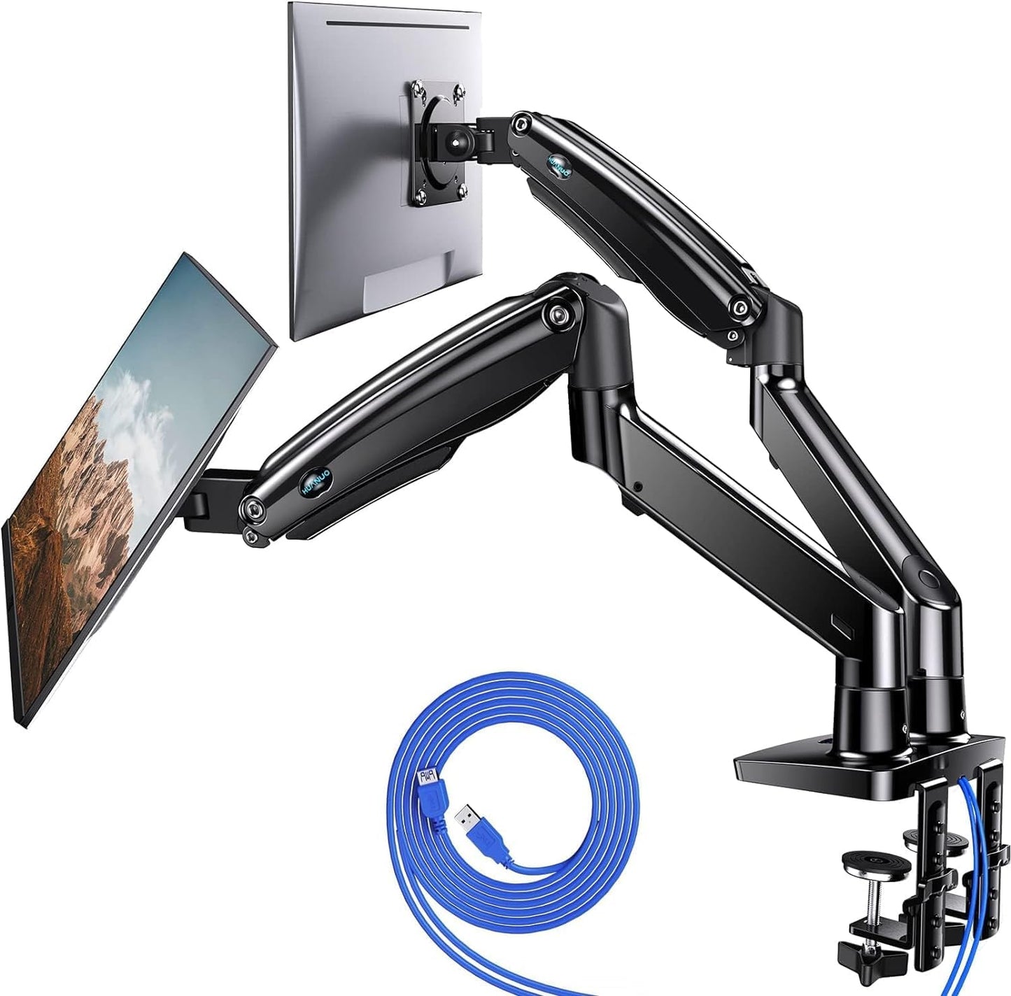 HUANUO Dual Monitor Stand for 13 to 40 inch, Premium Dual Monitor Mount with USB, Height Adjustable Monitor Stand for 2 Monitors, VESA Mount with Clamp/Grommet Base, Each Arm Hold up to 26.4lbs, HNDS7