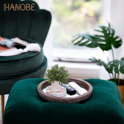 Hanobe Round Wood Decorative Tray: Rustic Wooden Trays for Coffee Table Farmhouse Centerpiece - Vintage Mirror Candle Tray for Home Decor Ottoman Bathroom Kitchen Organizer