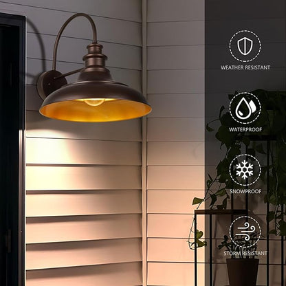 Outdoor Barn Light Fixtures, 16 Inch Large Dome Farmhouse Exterior Wall Mount Lights, Rustic Gooseneck Wall Sconces Indoor Wall Lighting, Industrial Bronze Gold Lanterns for Porch, Garage,2 Pack