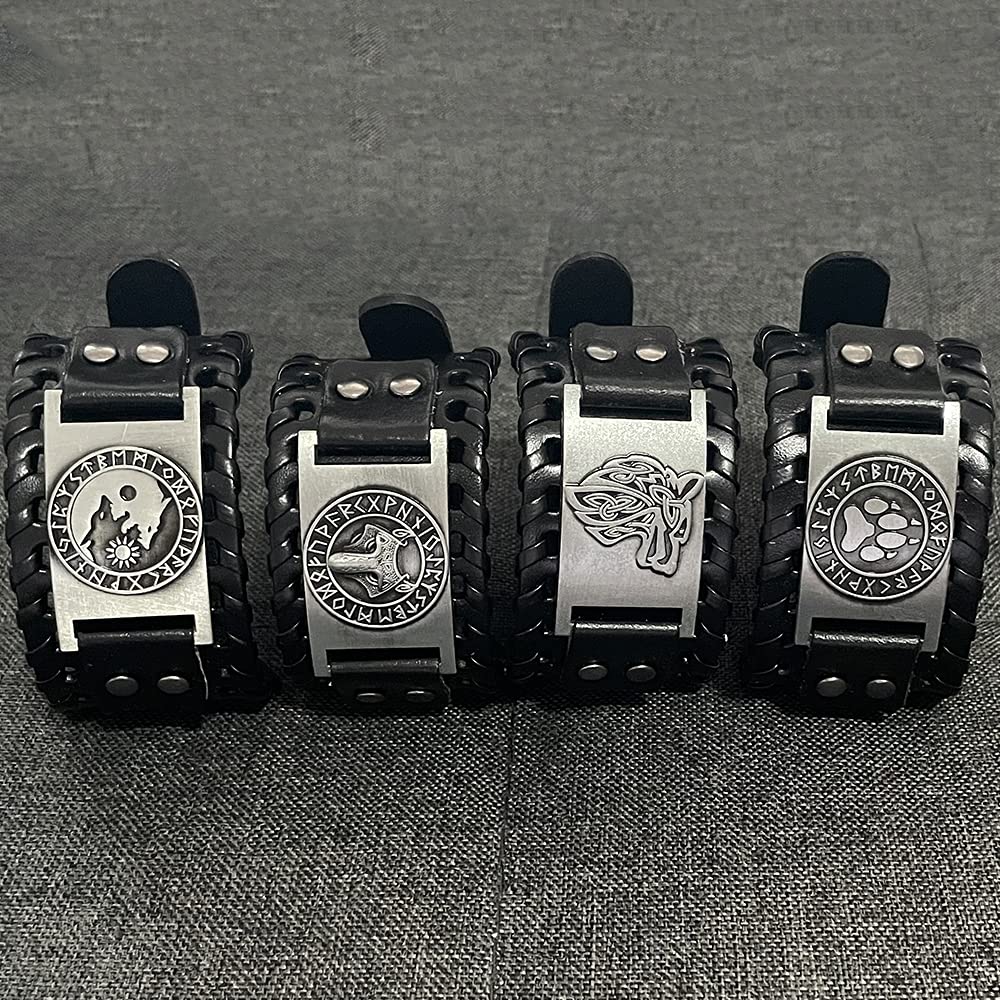 TURTLEDOVE 4 PCS Viking Leather Bracelet - Medieval Leather Cuff Wristband of Wolf Fenrir