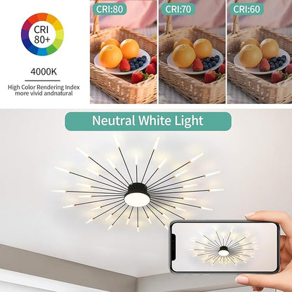 ziidoo Modern Ceiling Light,30+1 Lights Metal Firework Designed Chic Led Lighting Fixture for Farmhouse Kitchen Dining Room Bedroom Hallway Living Room (Black)