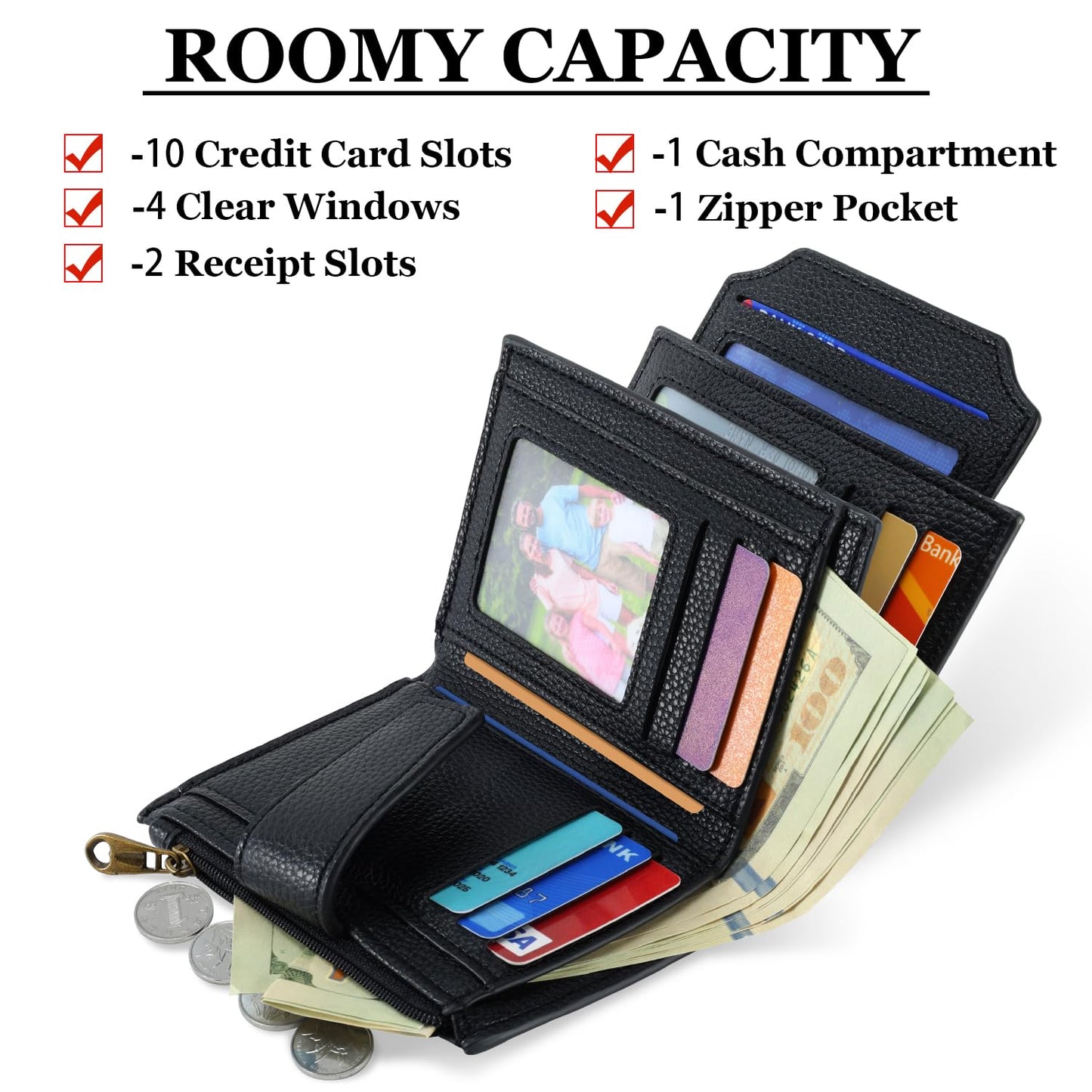 Airkit Small Wallet Women RFID Blocking Soft Leather Bifold Compact Card Holder Wallet for Women with Zipper Coin Pocket 4 ID Window