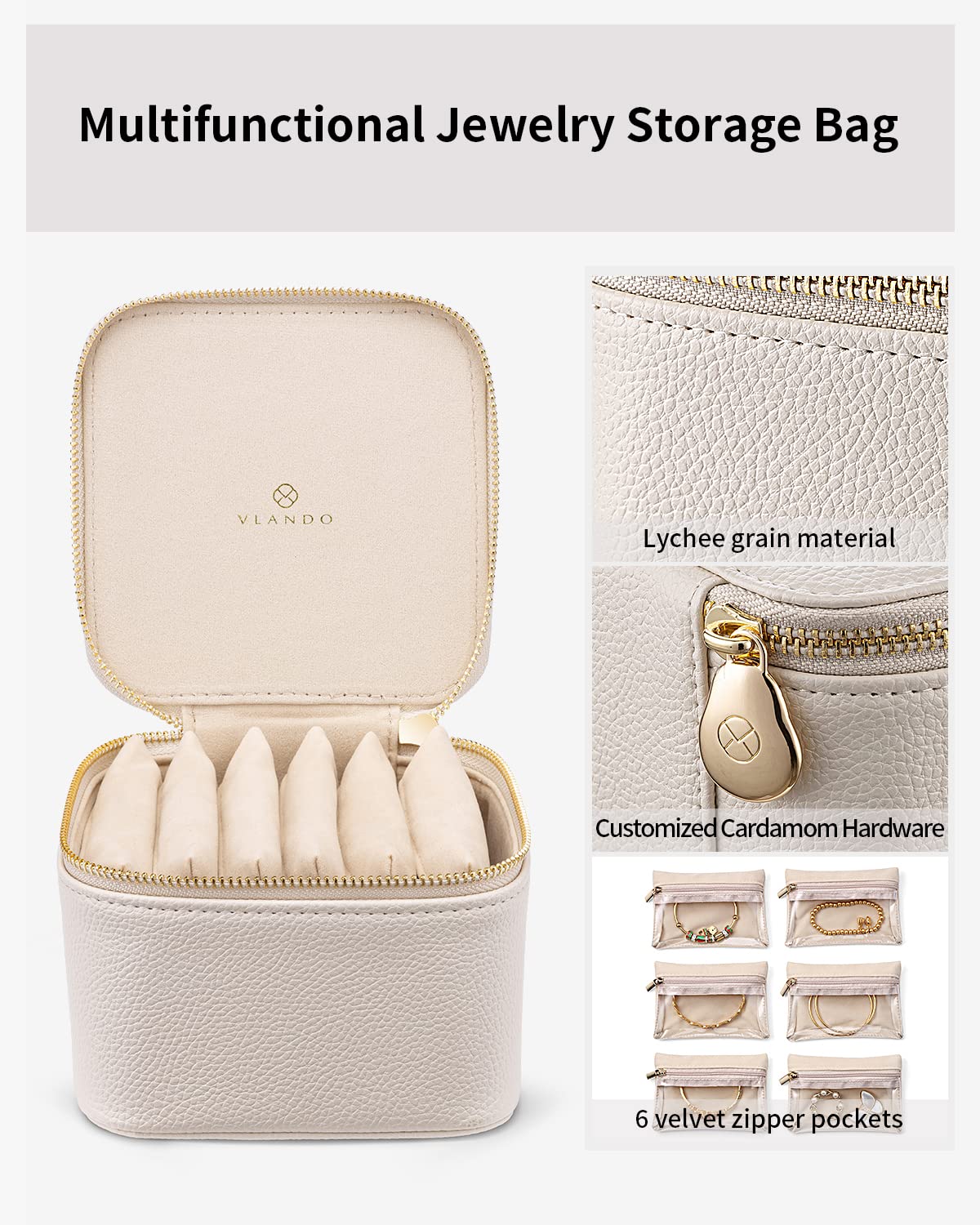 VLANDO Travel Jewelry Organizer Case with 6 Clear Velvet Zipper Pouches, Faux Leather Jewelry Storage Box for Rings, Earrings, Necklaces and Bracelets, Gift for Women